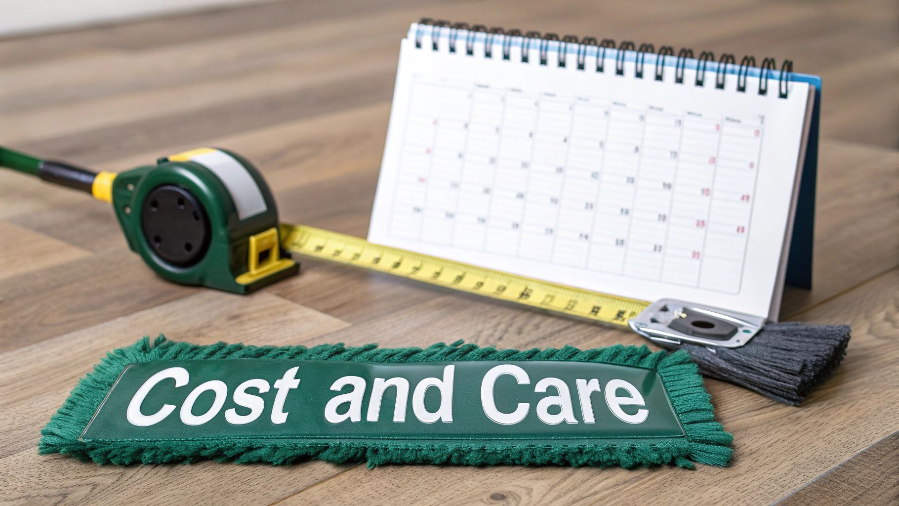 A green mop head displaying "Cost and Care" sits on a wooden floor with a measuring tape and calendar.
