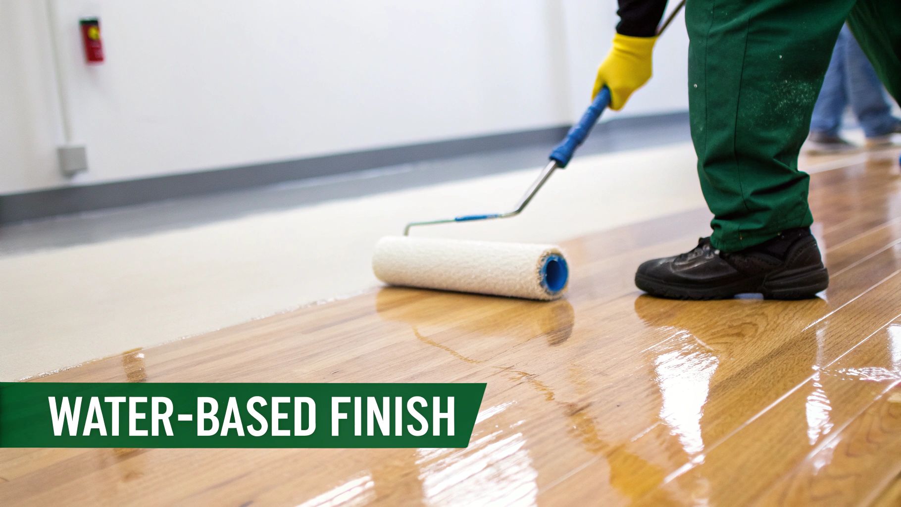 Worker applying a glossy water-based finish to a beautiful hardwood floor with a roller.