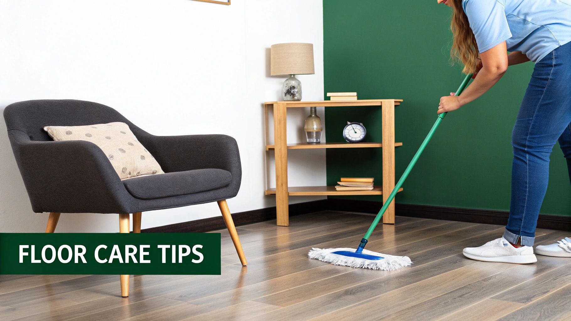 A woman mops a laminate wood floor in a modern room with a grey armchair and wooden shelf.
