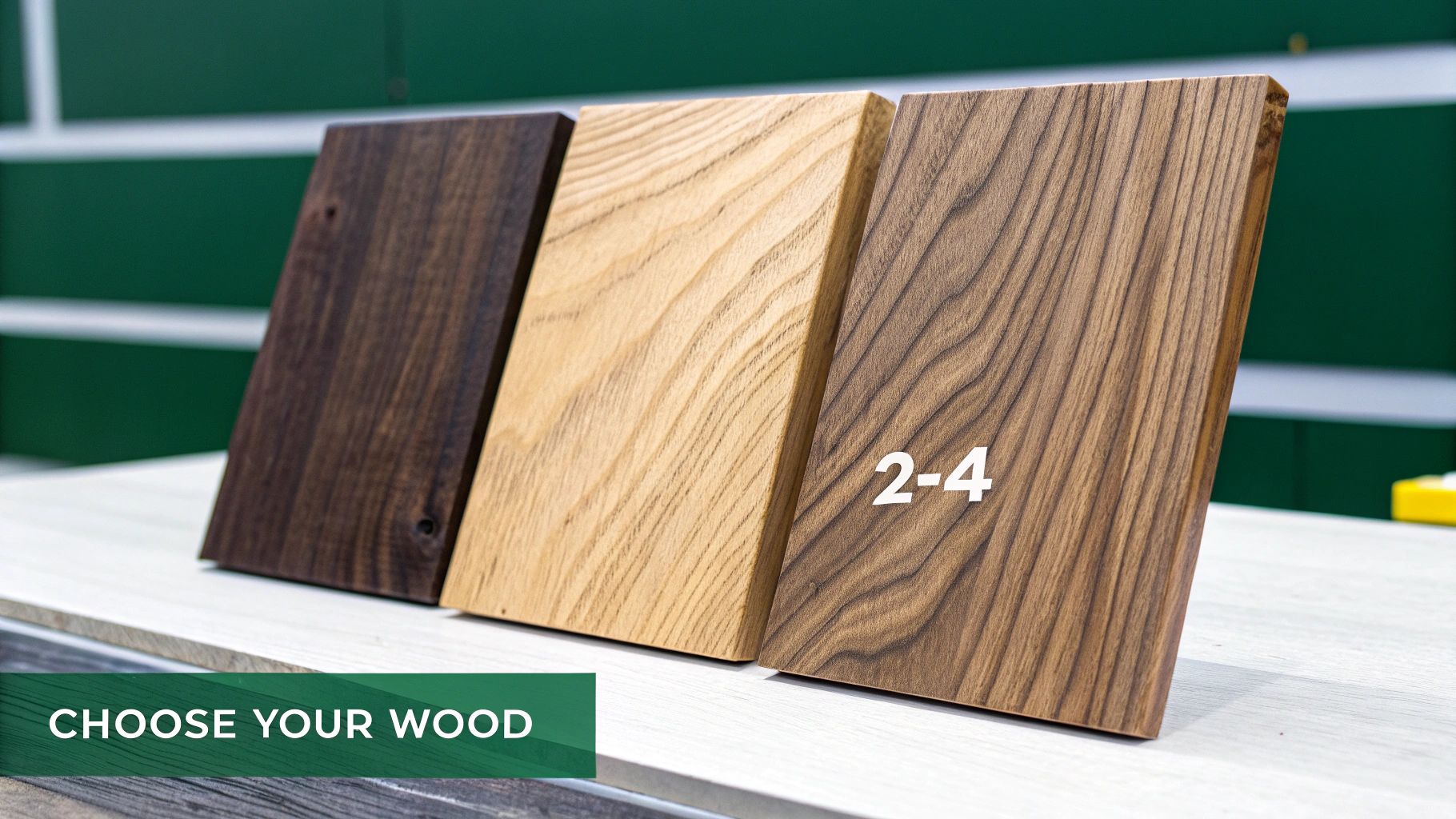 Three wood samples, dark brown, natural, and medium brown, showcasing different wood grain and finishes for selection.