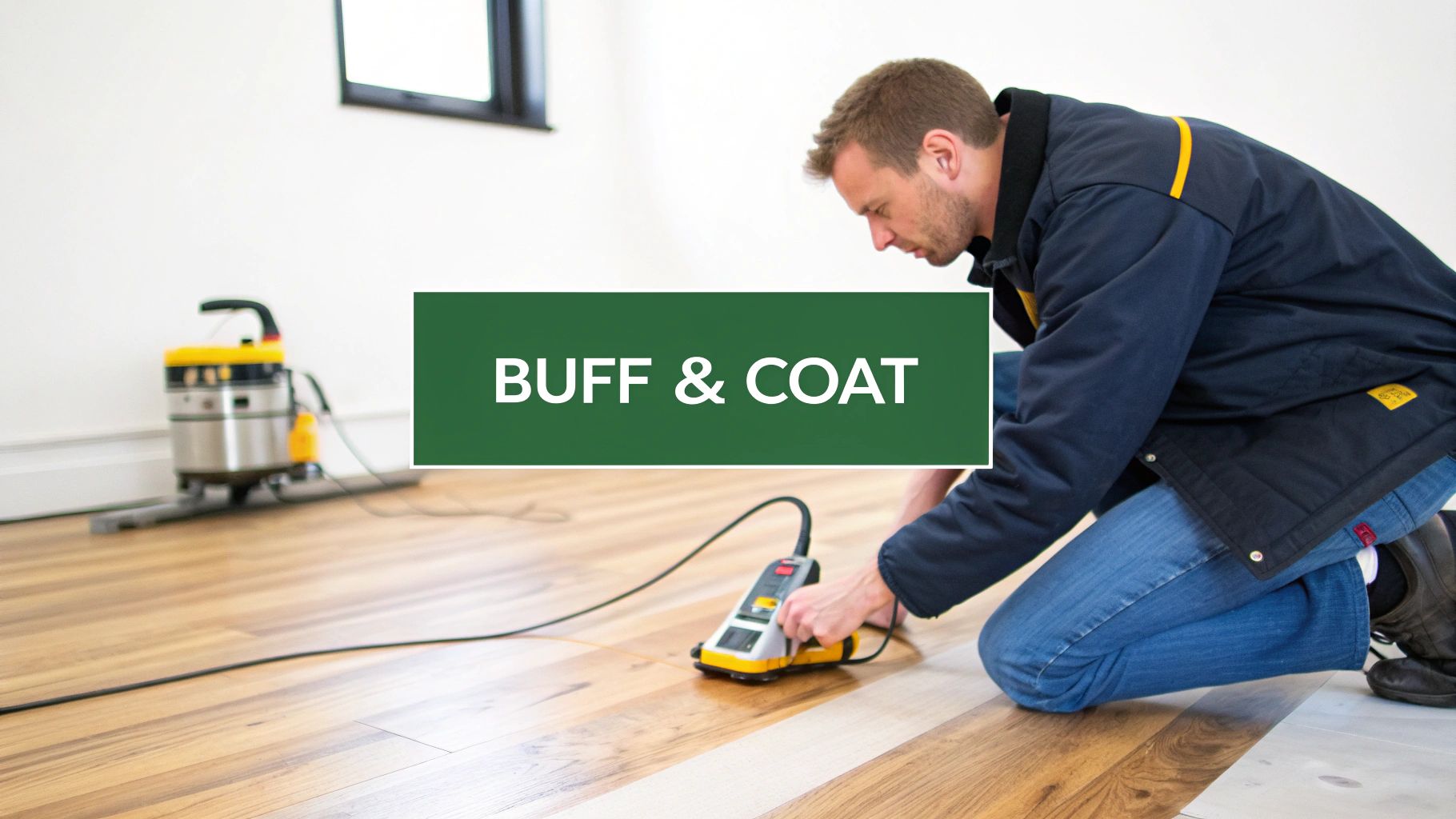 A man on his knees using a handheld tool to buff a wooden floor, with a larger machine in the background.