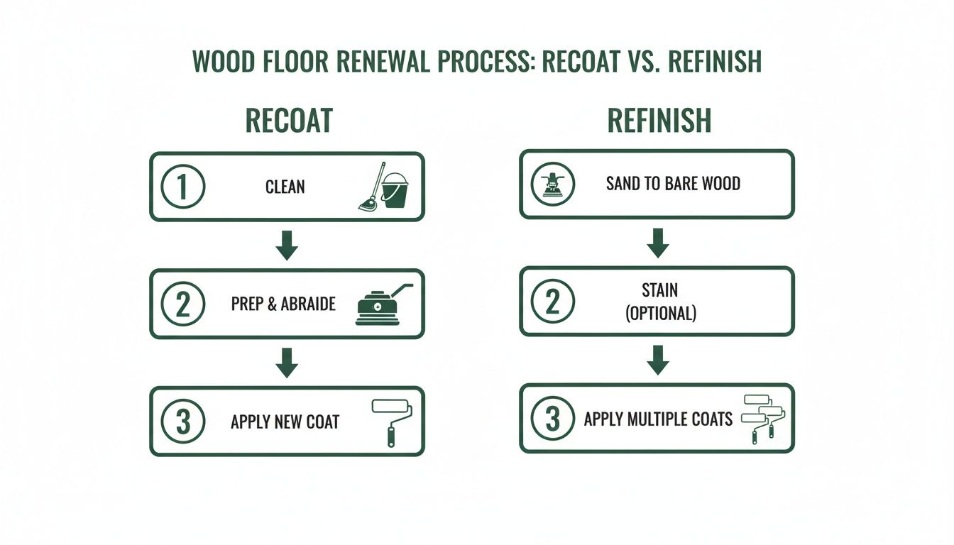 Flowchart comparing wood floor renewal processes: recoat (clean, prep, new coat) and refinish (sand, stain, multiple coats).