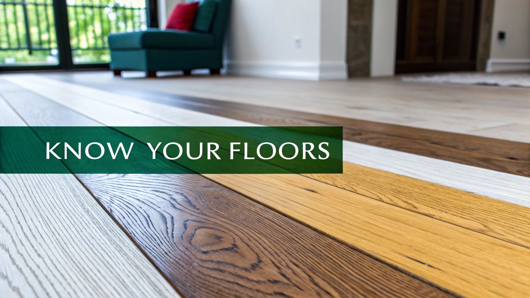 Close-up of hardwood floor samples in diverse colors and textures, featuring a 'KNOW YOUR FLOORS' banner.