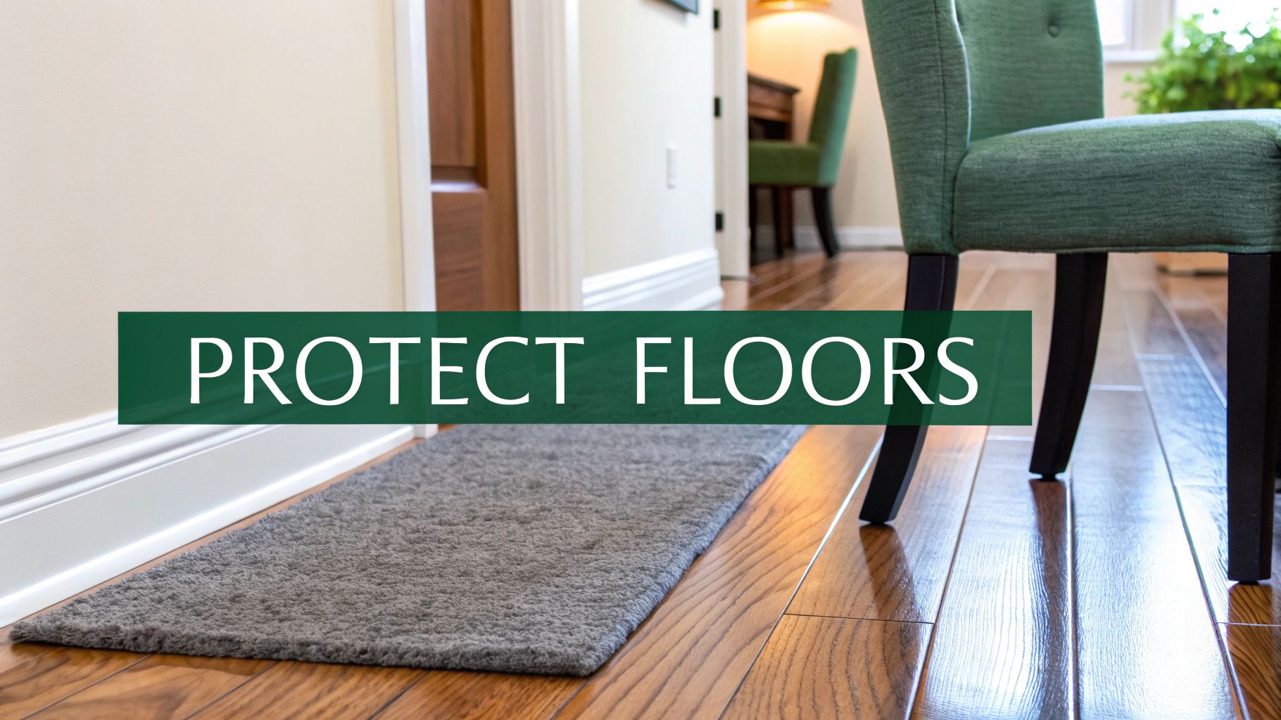 Close-up of a hardwood floor with a grey runner rug and a green chair, displaying 'PROTECT FLOORS' text.
