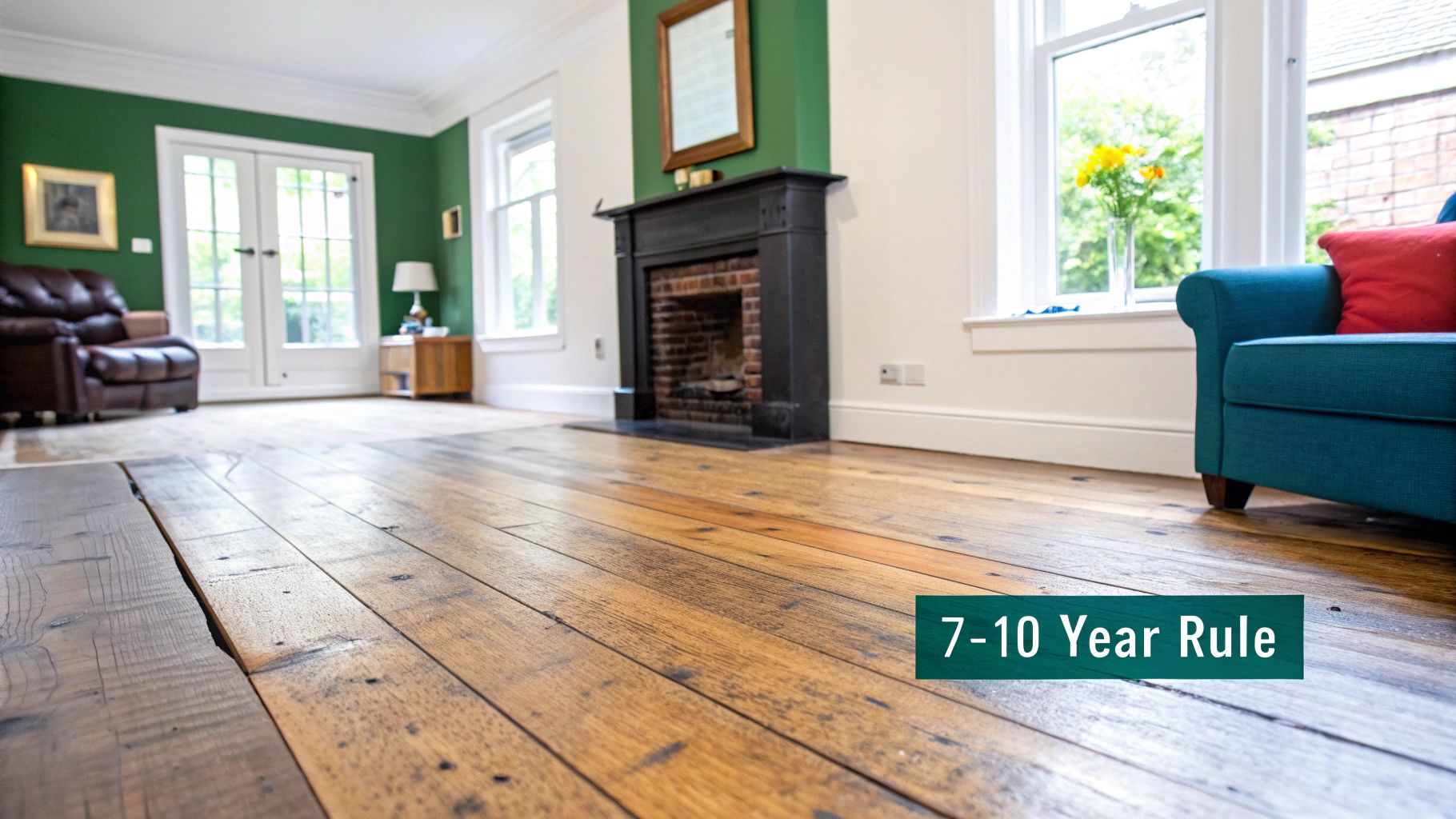 A spacious living room featuring rustic hardwood floors, a dark fireplace, green walls, and elegant furniture.