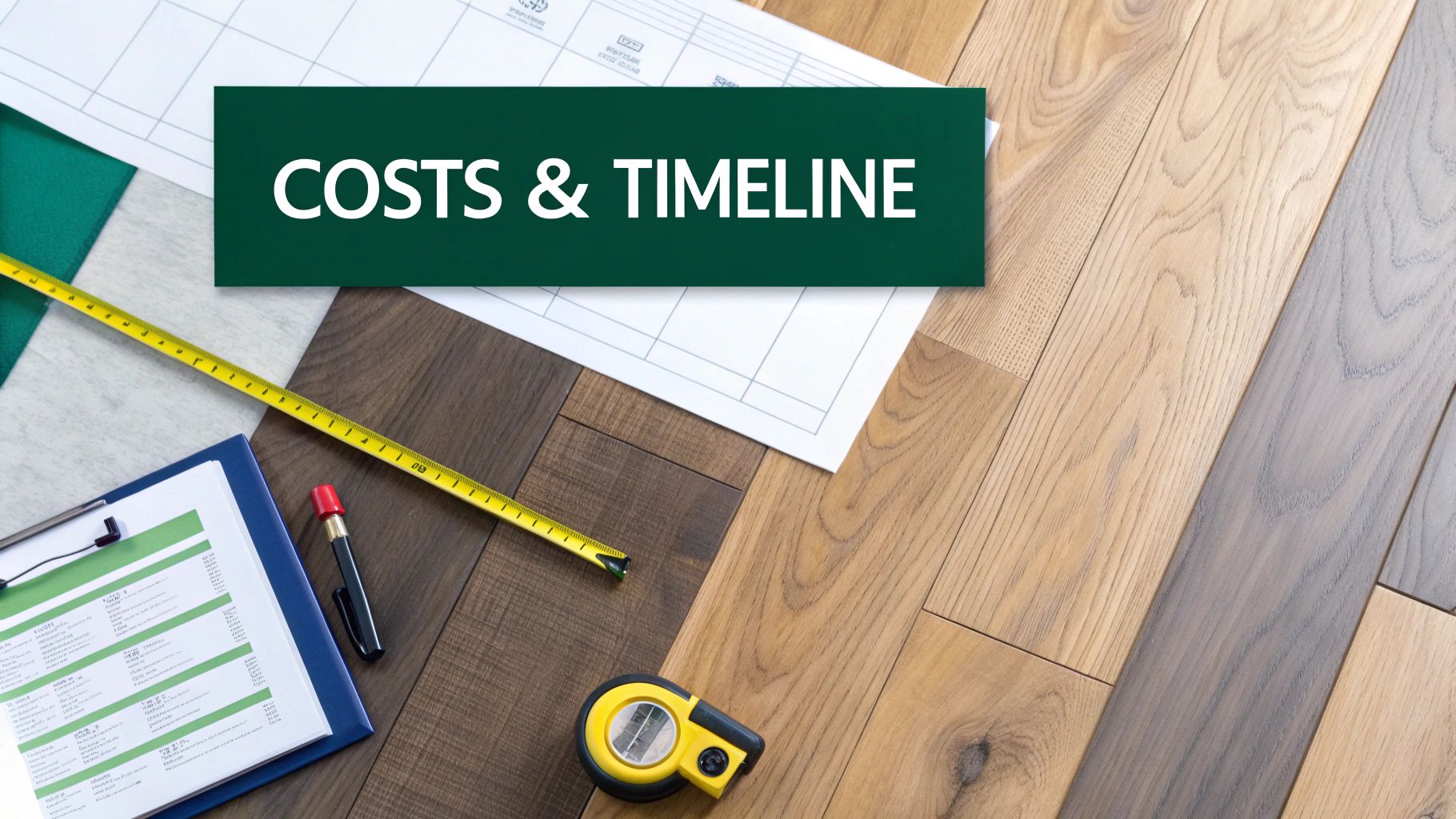 Overhead shot of a green banner with 'COSTS & TIMELINE' text, wood flooring samples, tape measure, and documents.