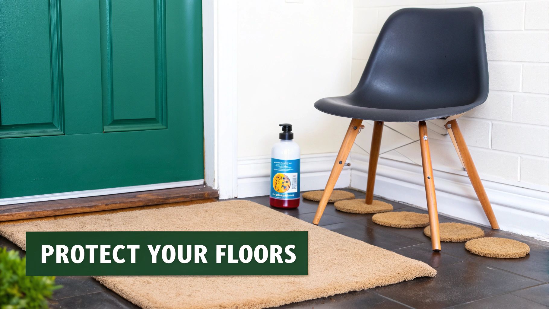An indoor scene featuring a green door, doormat, cleaner, and a black chair with floor protectors. Text: PROTECT YOUR FLOORS.