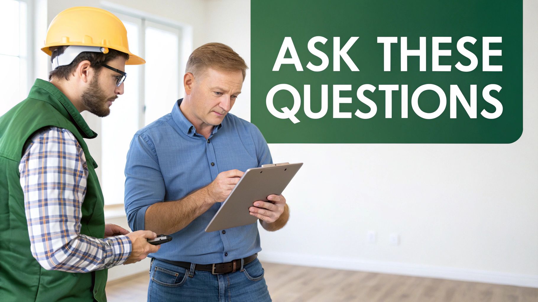 Two construction professionals review notes on a clipboard in a new build, near a sign 'Ask These Questions'.