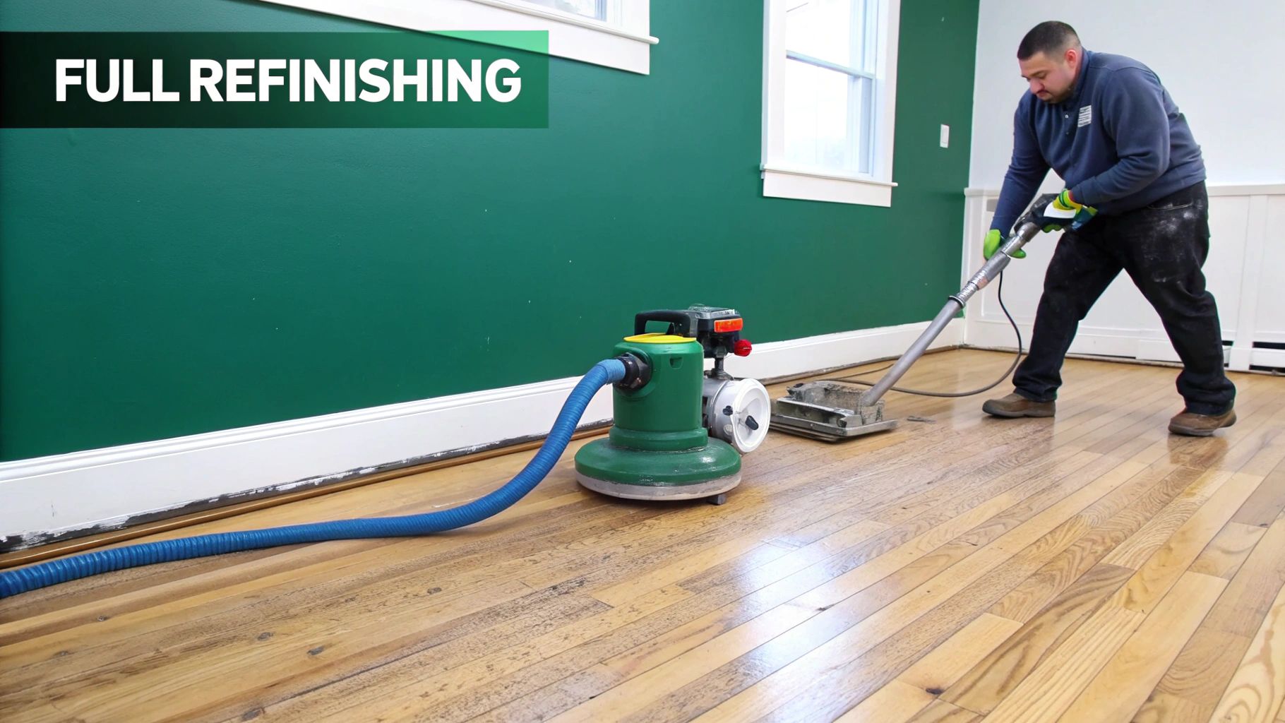 Man using a dustless floor sanding machine to refinish hardwood floors in a green room.