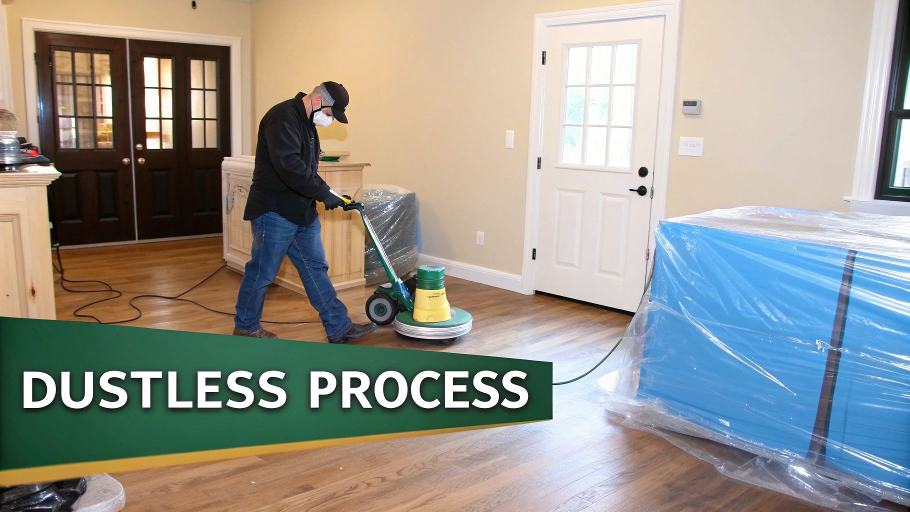 A person wearing a mask and gloves uses a dustless machine to refinish a hardwood floor.