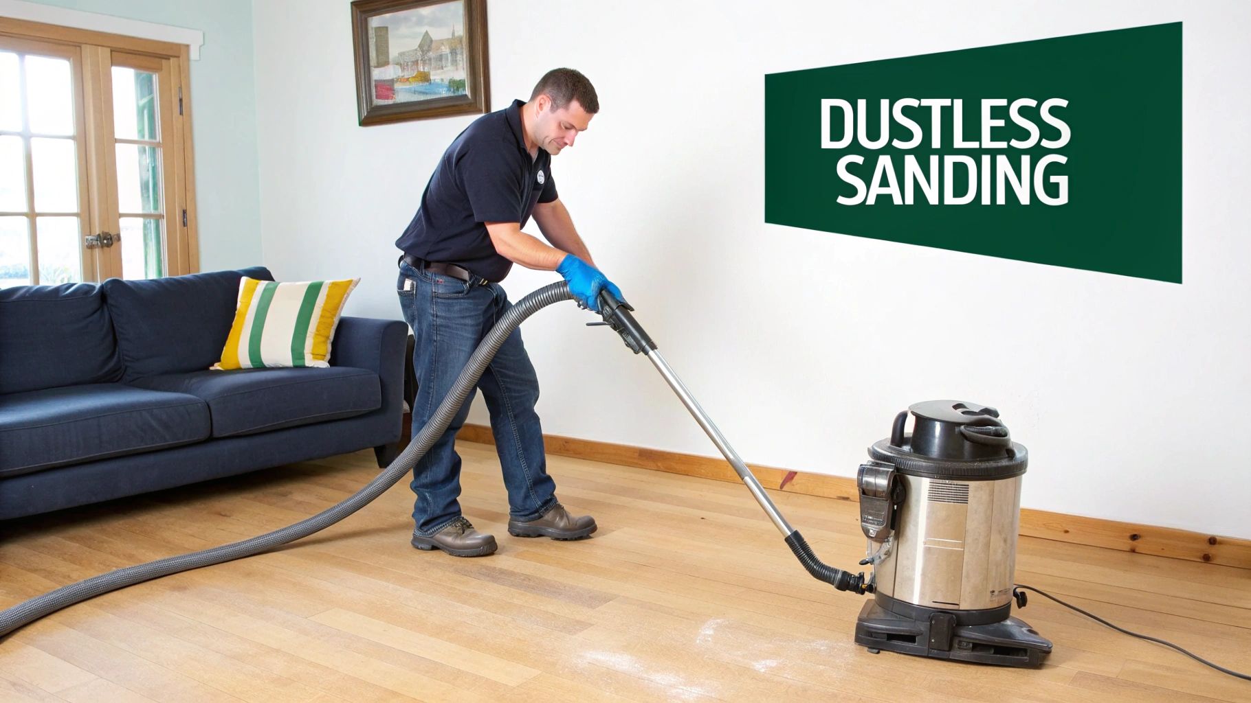 A professional using a dustless sanding system to refinish hardwood floors in a clean room.