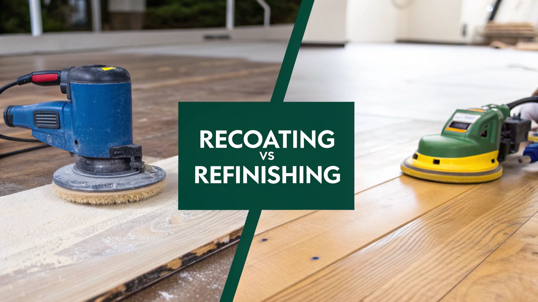 Floor sanders illustrate the difference between wood floor recoating and refinishing projects.