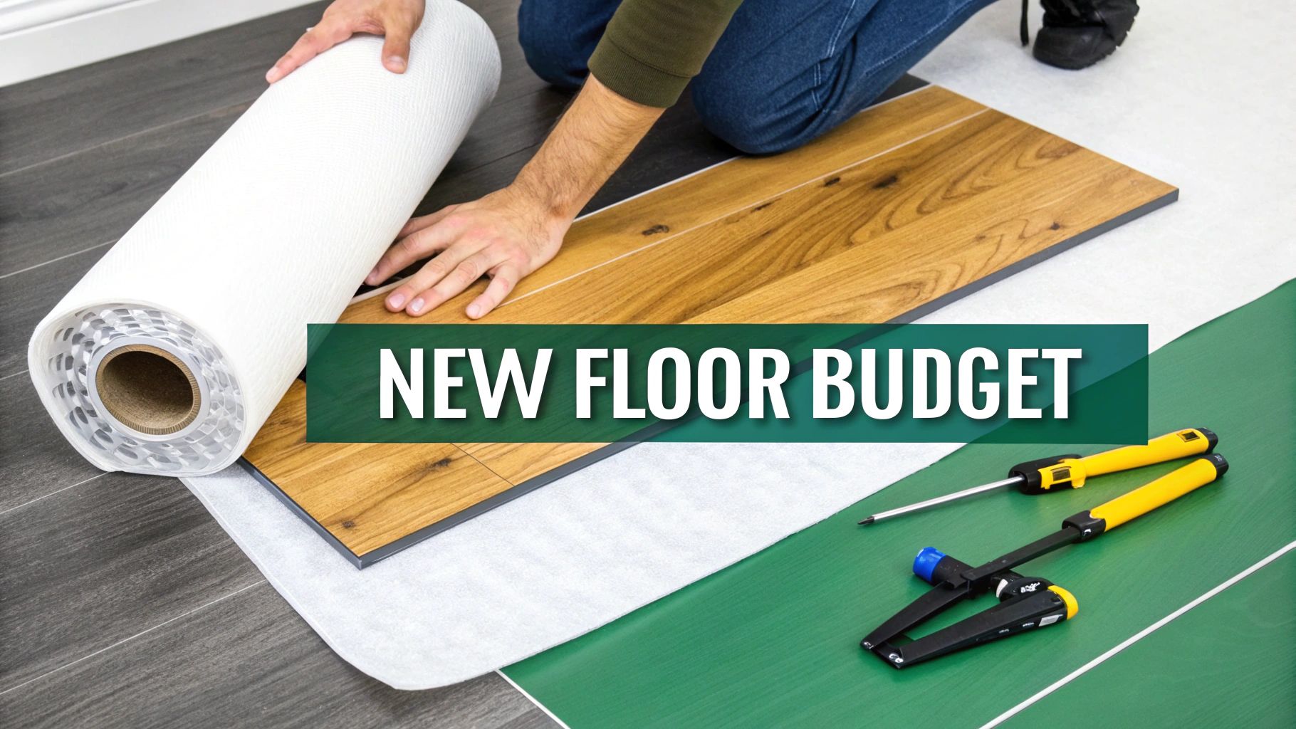 A person installs new wood-look laminate flooring planks over underlayment, with tools nearby for a floor remodel.