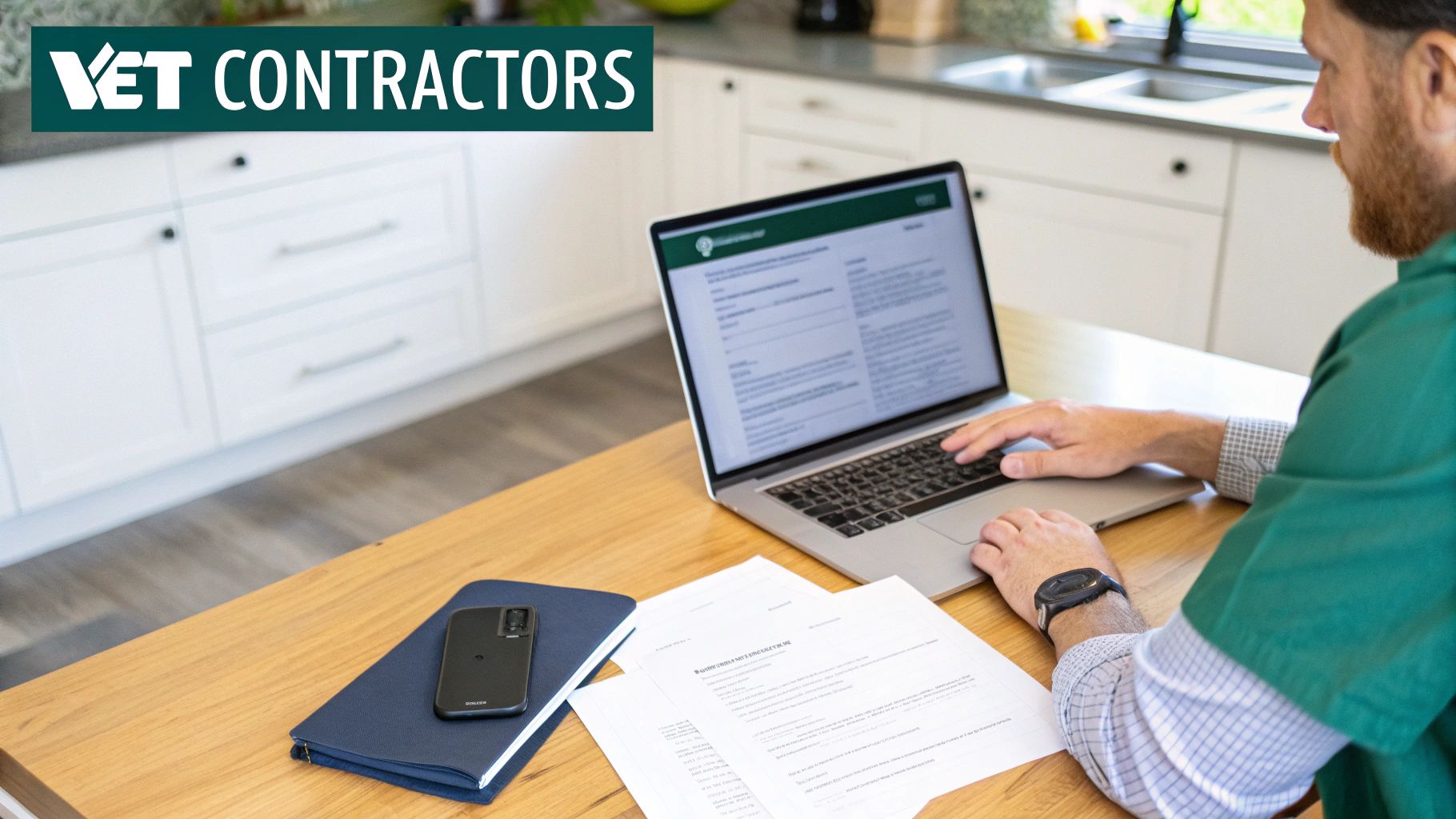 A man in a green shirt works on a laptop at a wooden table in a modern home office.