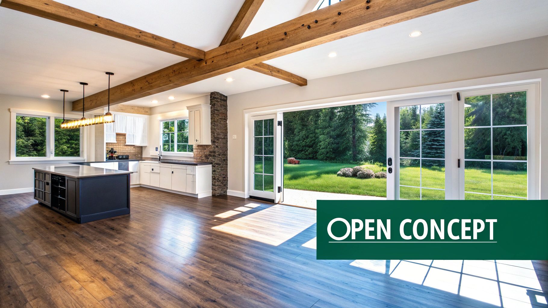 Modern open-concept kitchen and living space featuring a large island, wood floors, and backyard view.