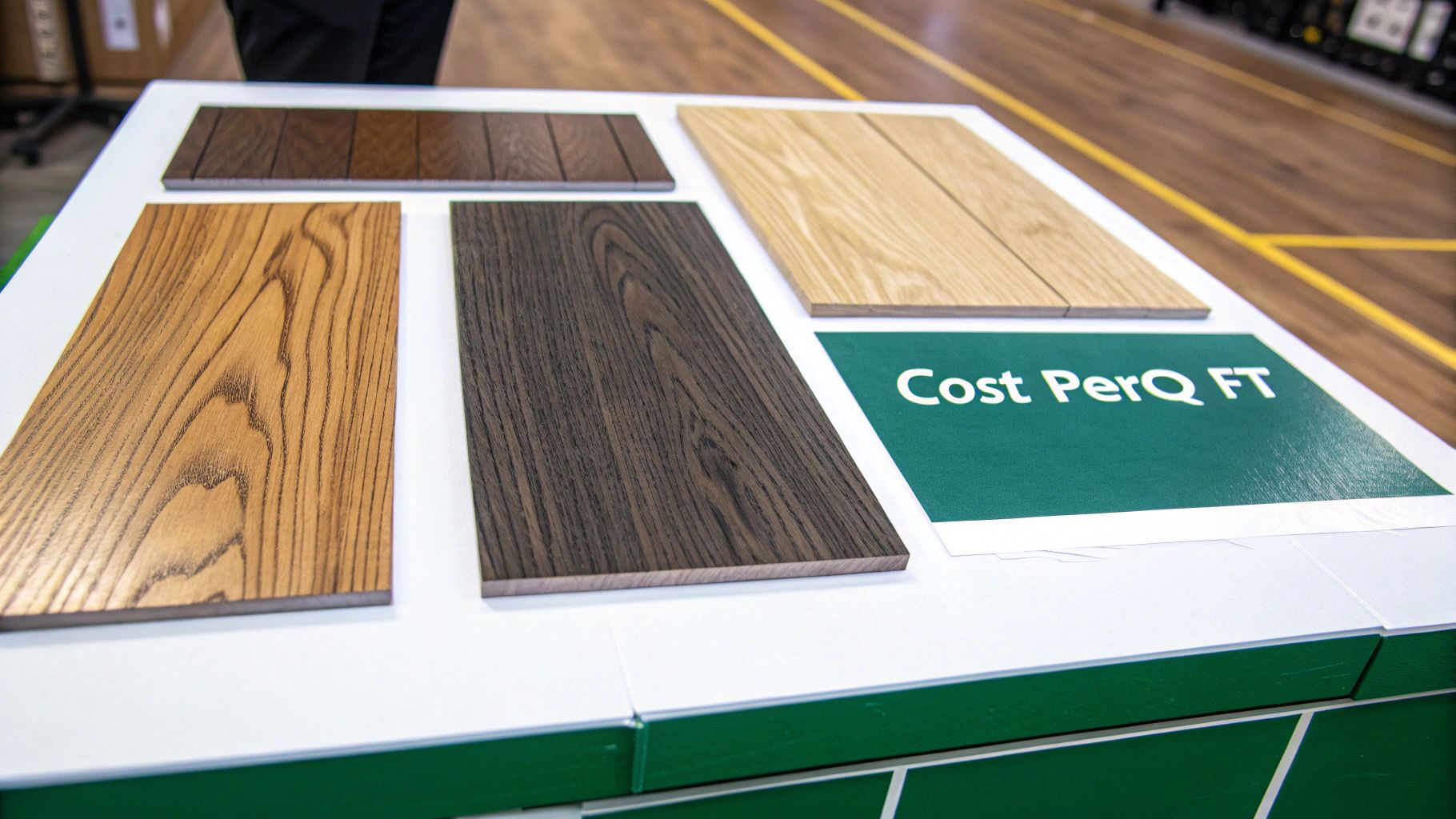 Various wood flooring samples displayed with different finishes and a 'Cost Per Q FT' sign.