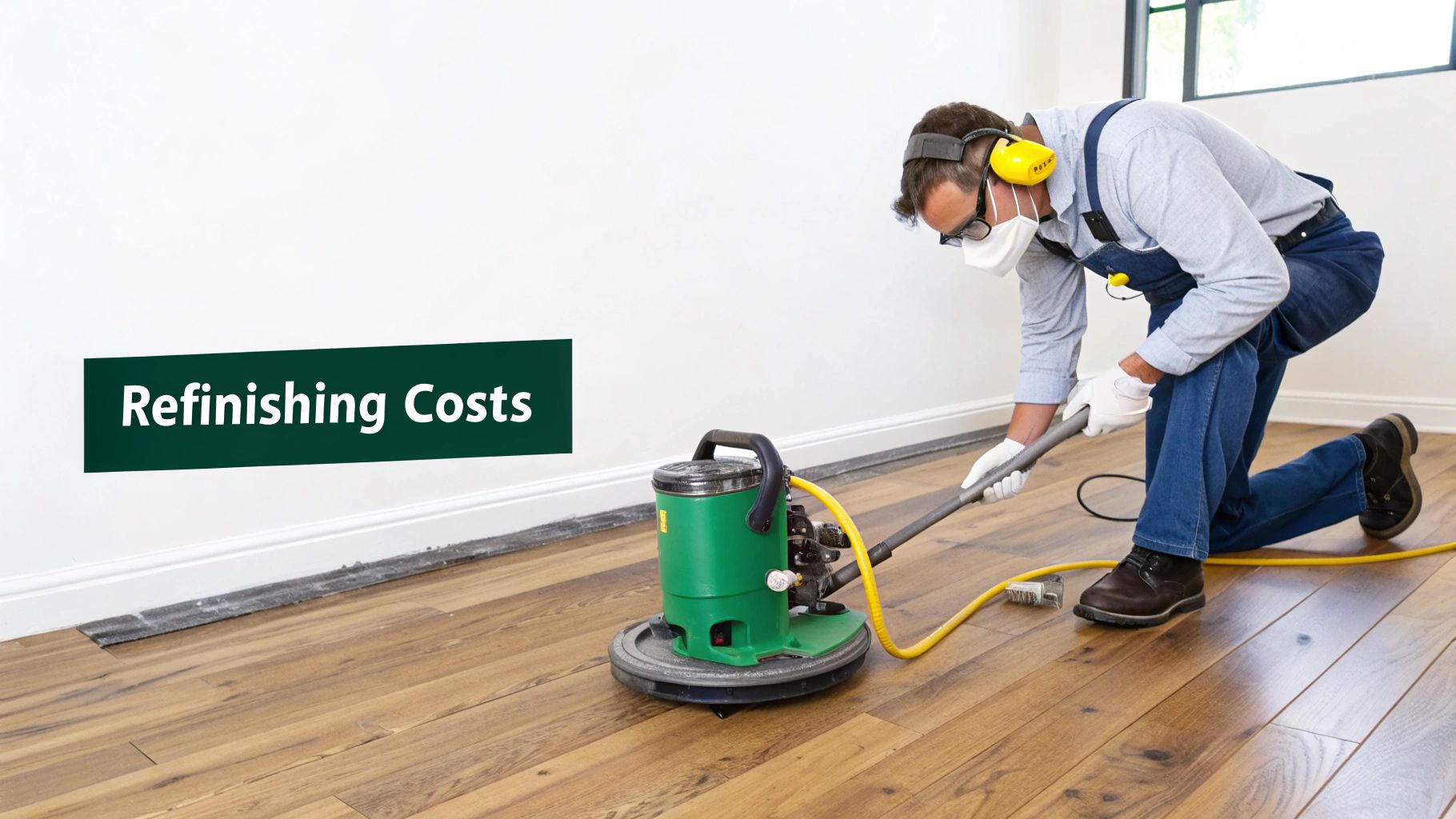 A man in safety gear uses a floor sander to refinish a hardwood floor, with 'Refinishing Costs' on the wall.