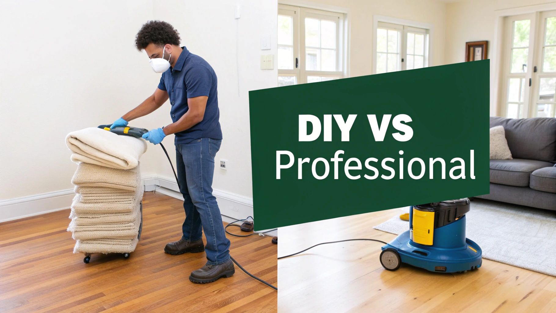 A man cleans textiles on a cart, contrasting with a 'DIY VS Professional' graphic featuring a floor machine.