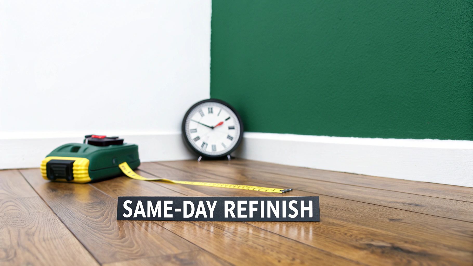 A 'SAME-DAY REFINISH' sign on a wooden floor next to a measuring tape and analog clock.