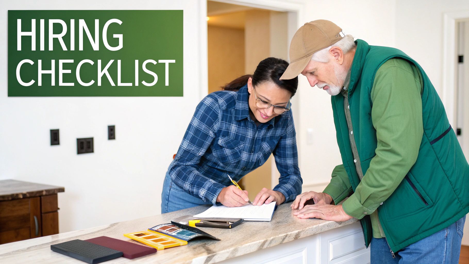A woman and an older man review documents on a counter, next to a 'Hiring Checklist' sign.
