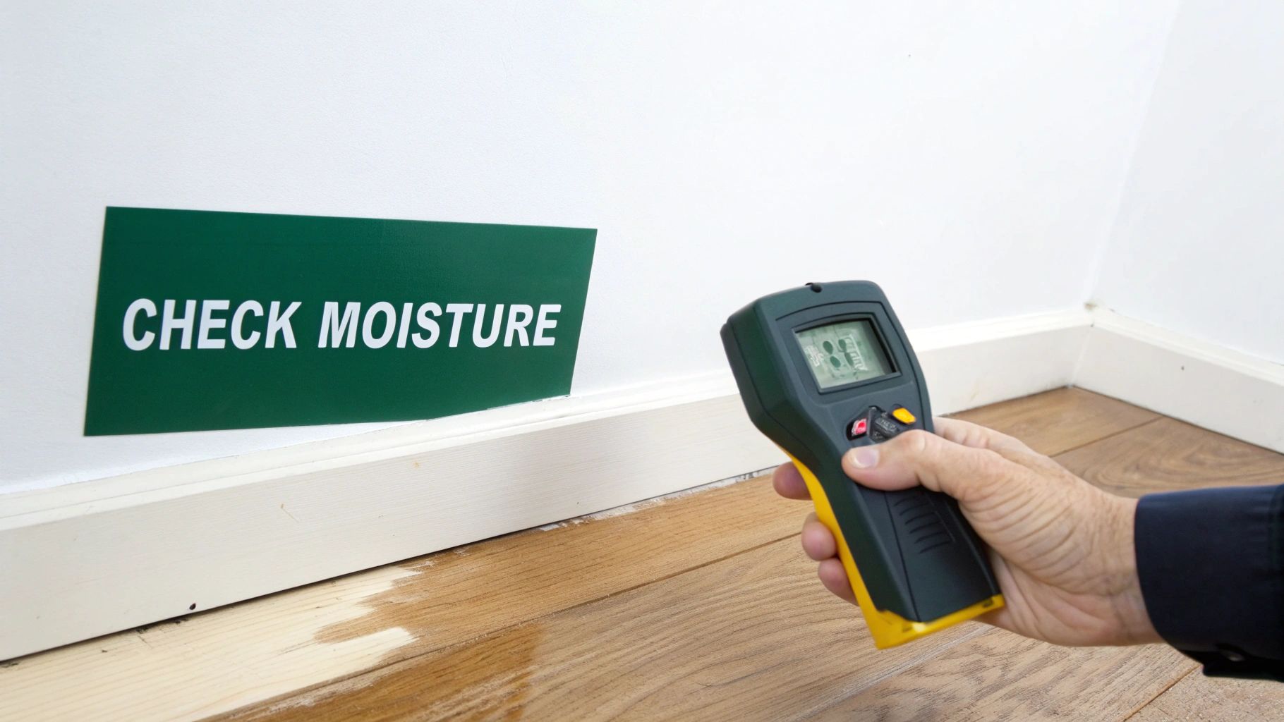 A hand holds a moisture meter on a wet wooden floor next to a wall with a 'CHECK MOISTURE' sign.