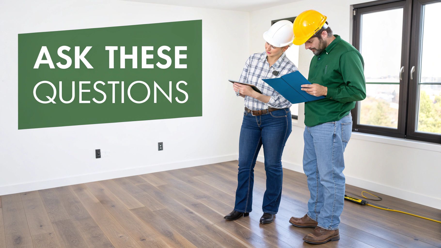 Two construction workers wearing hard hats review plans in a new room with hardwood flooring and a green sign.