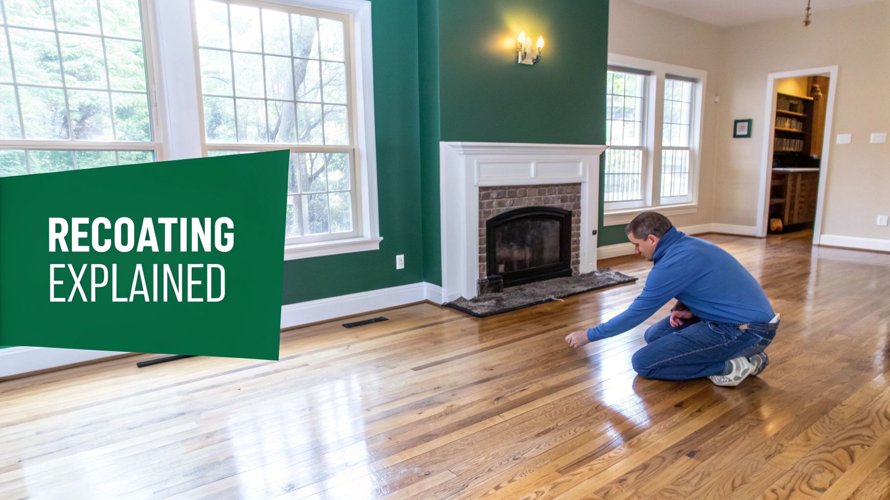 A man kneels to inspect a shiny hardwood floor in a room with green walls and a fireplace.