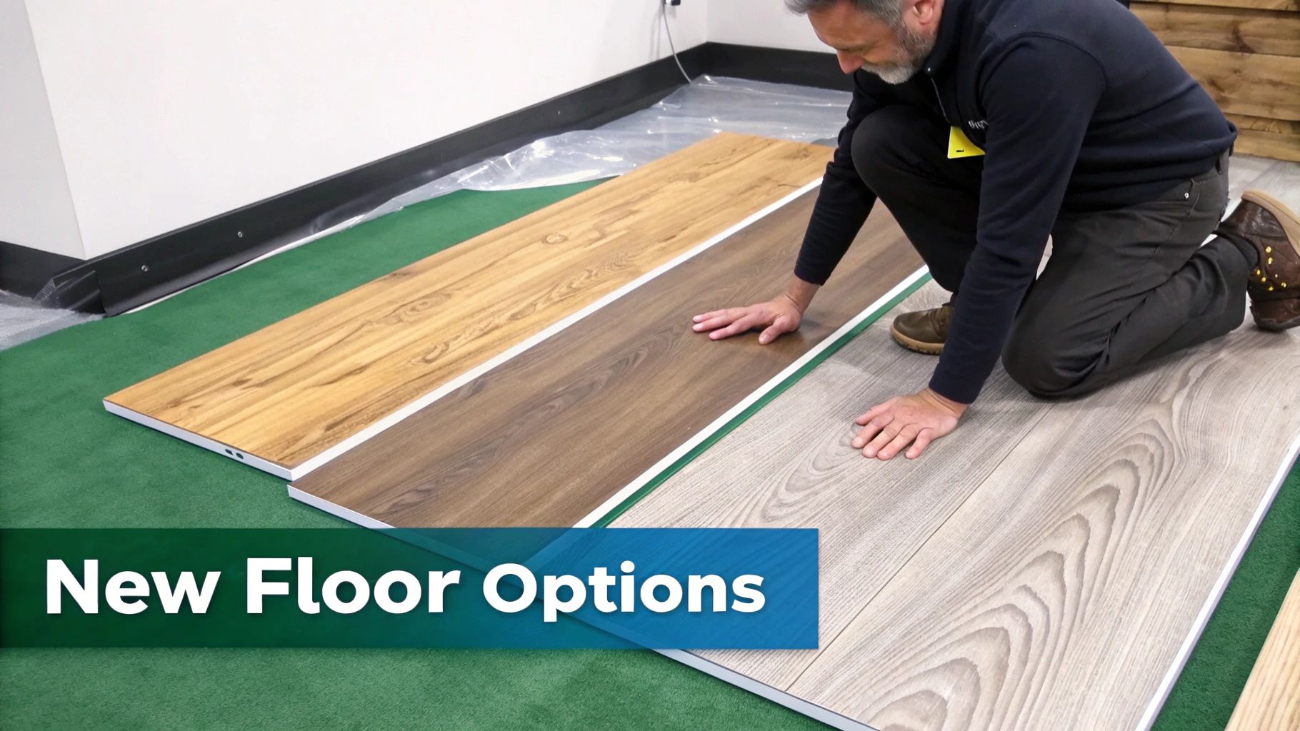 A man kneels, comparing three different wood-look flooring samples on a green carpet, with 'New Floor Options' text.