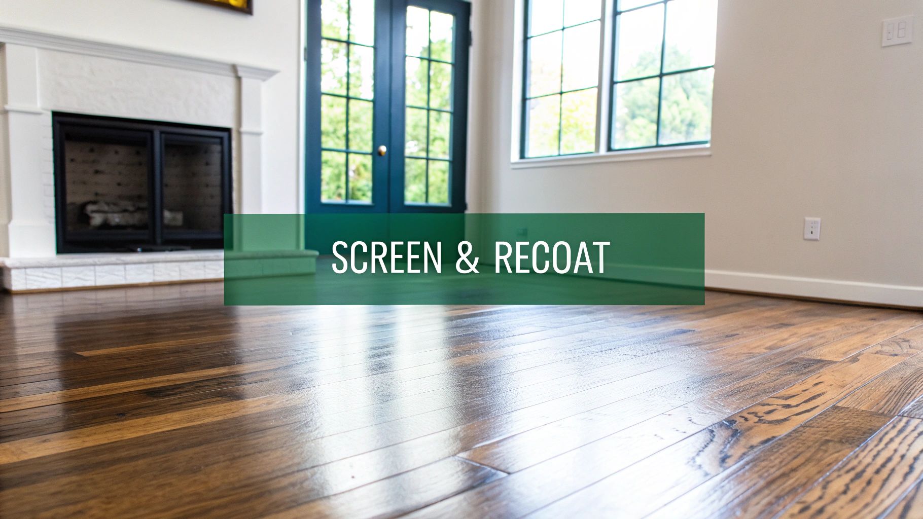 A room with shiny dark hardwood floors, a white fireplace, and dark green French doors with text 'SCREEN & RECOAT'.