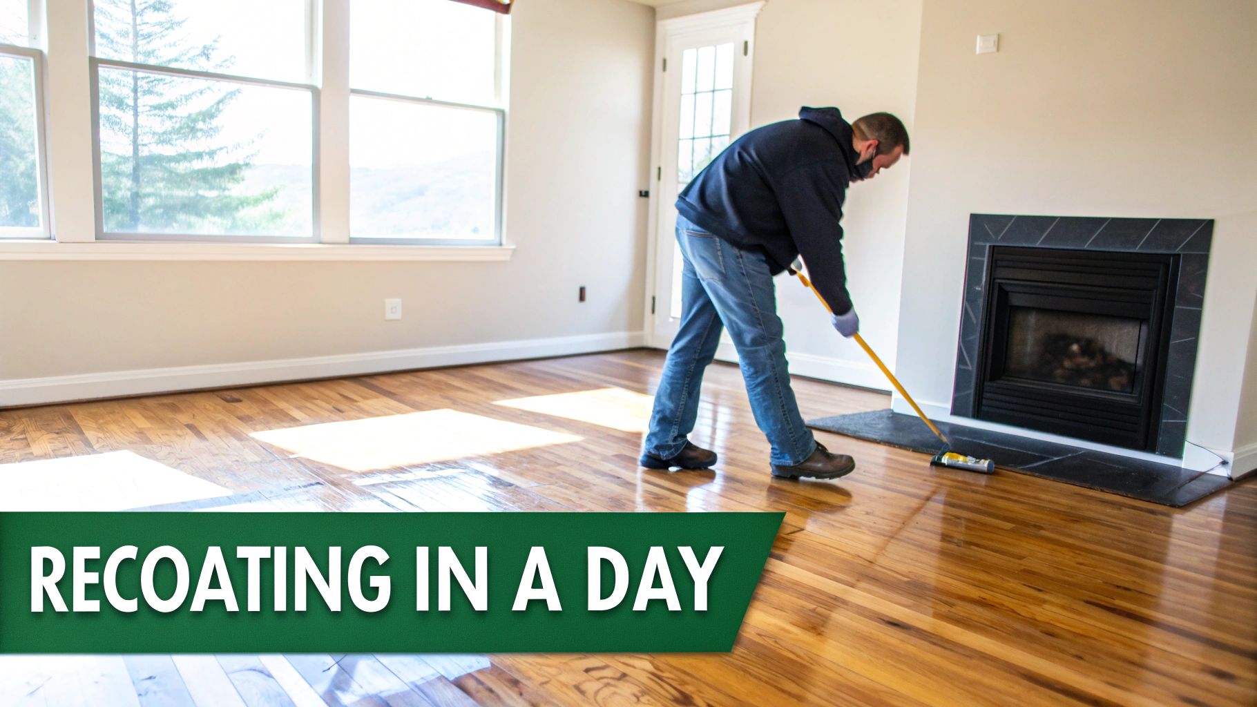 A man in jeans and a hoodie recoats shiny hardwood floors near a fireplace in a bright room.