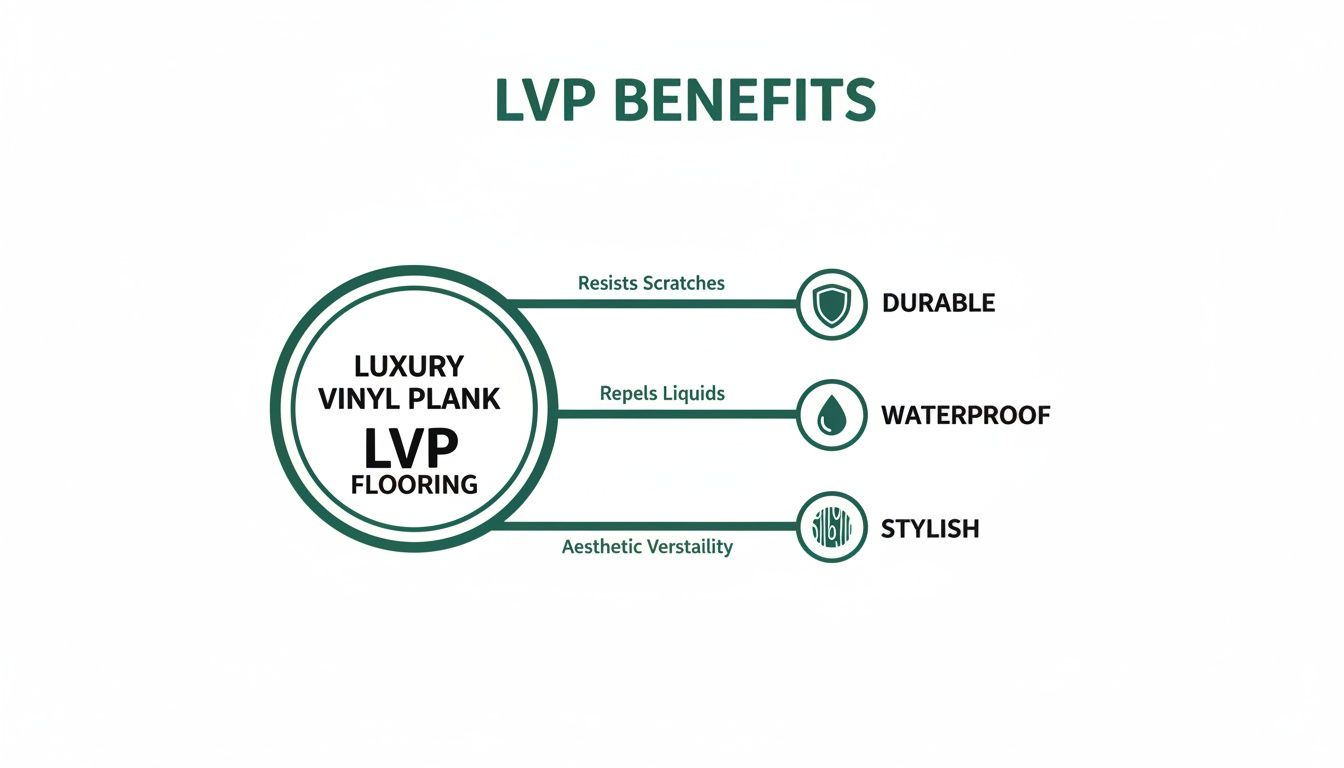 Infographic showing LVP (Luxury Vinyl Plank) flooring benefits: durable, waterproof, and stylish.