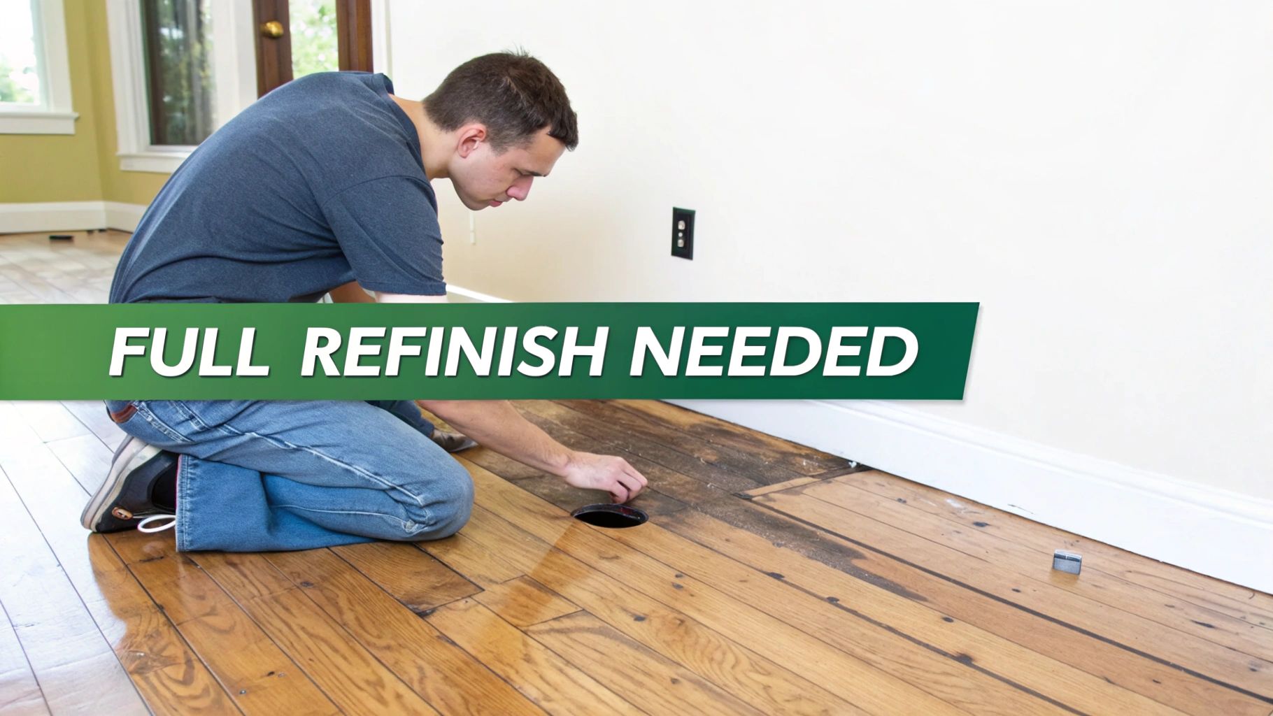 A man kneels on a severely damaged hardwood floor with a hole, emphasizing that a full refinish is needed.