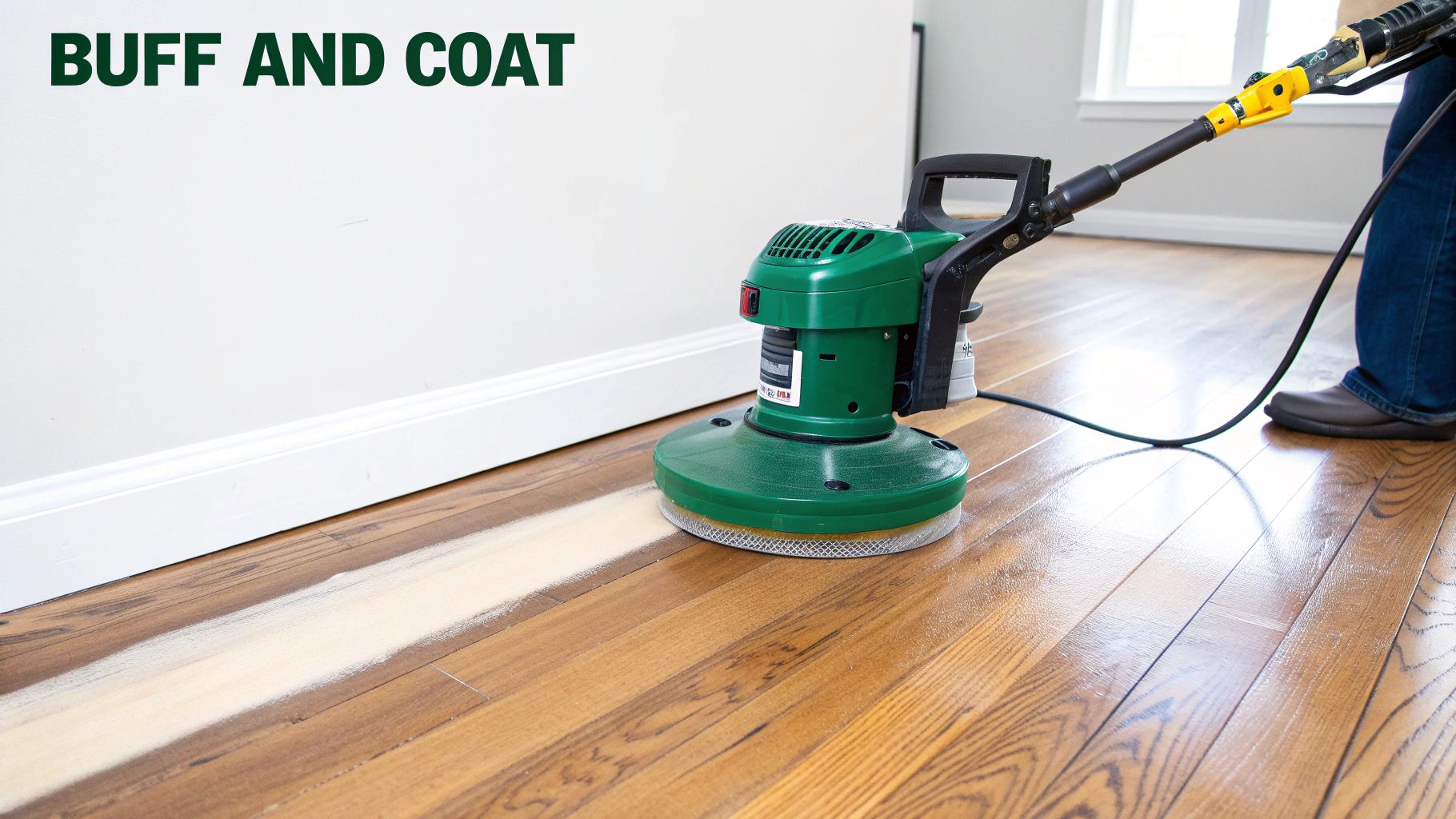 A person uses a green buffing machine to refinish a hardwood floor, creating a dust trail.