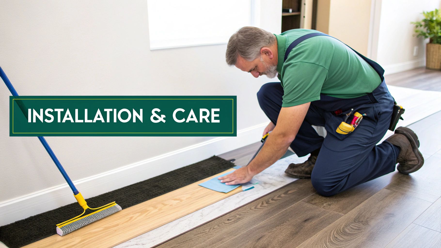 A man on his knees meticulously installing new wood-look flooring, with 'Installation & Care' text.