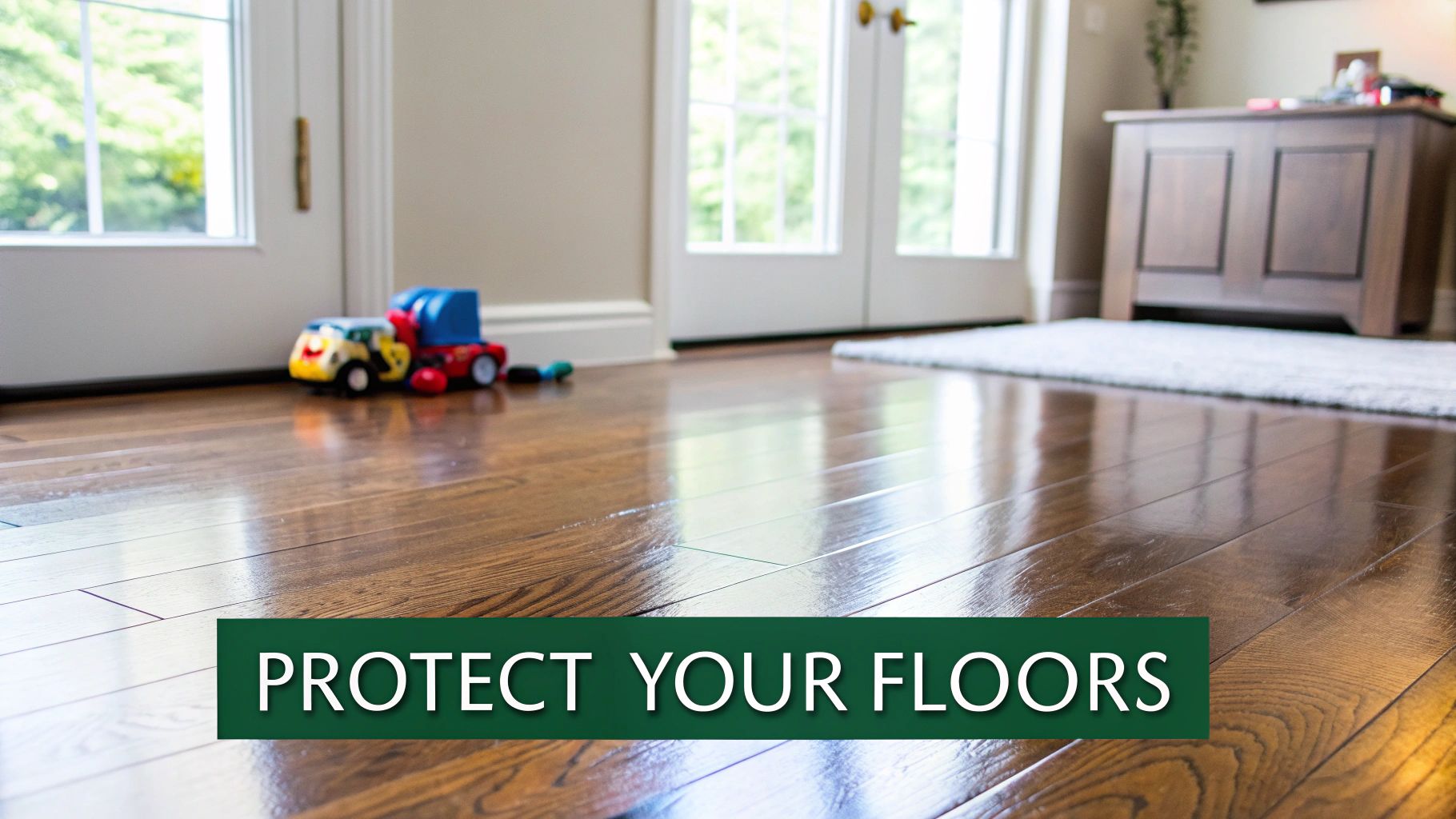 A clean, shiny hardwood floor reflecting light, with a toy truck and furniture in the background.