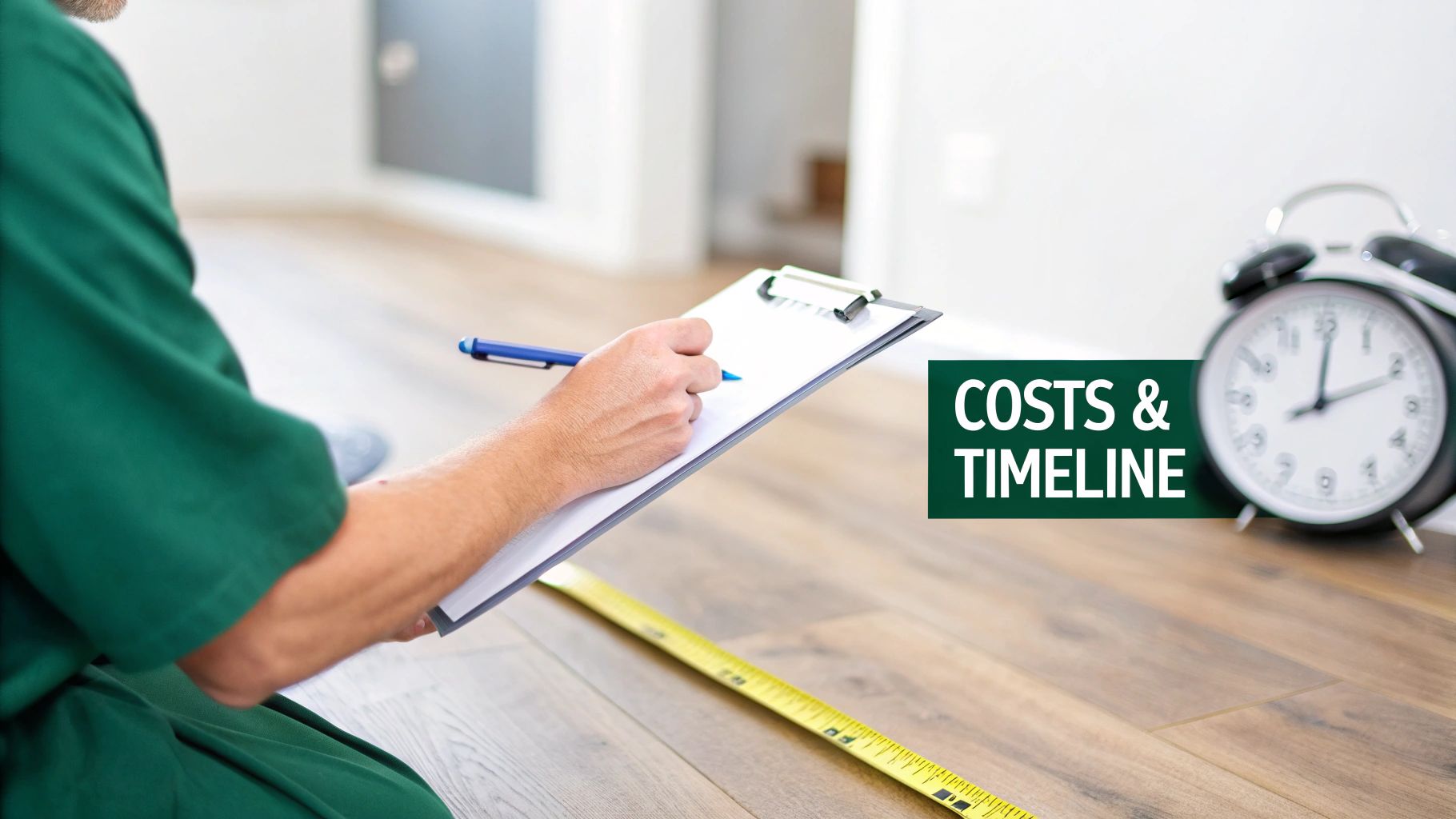 A person writes on a clipboard while inspecting a hardwood floor, with a measuring tape and 'COSTS & TIMELINE' sign.
