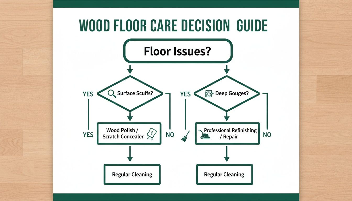 A flowchart decision guide for wood floor care, showing treatments for surface scuffs and deep gouges.