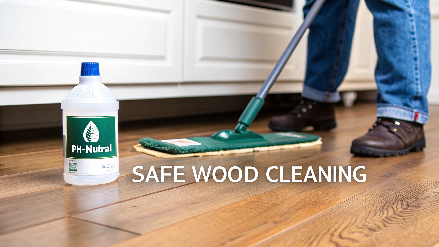 A person is mopping a wooden floor with a PH-NutraL cleaner, emphasizing safe wood cleaning.