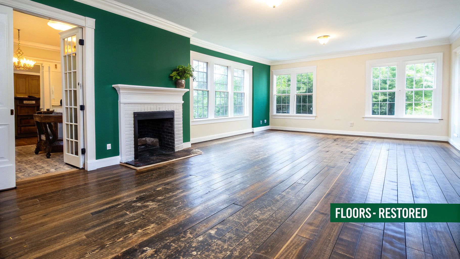 A room featuring dark green walls, a white fireplace, and severely distressed dark hardwood floors.