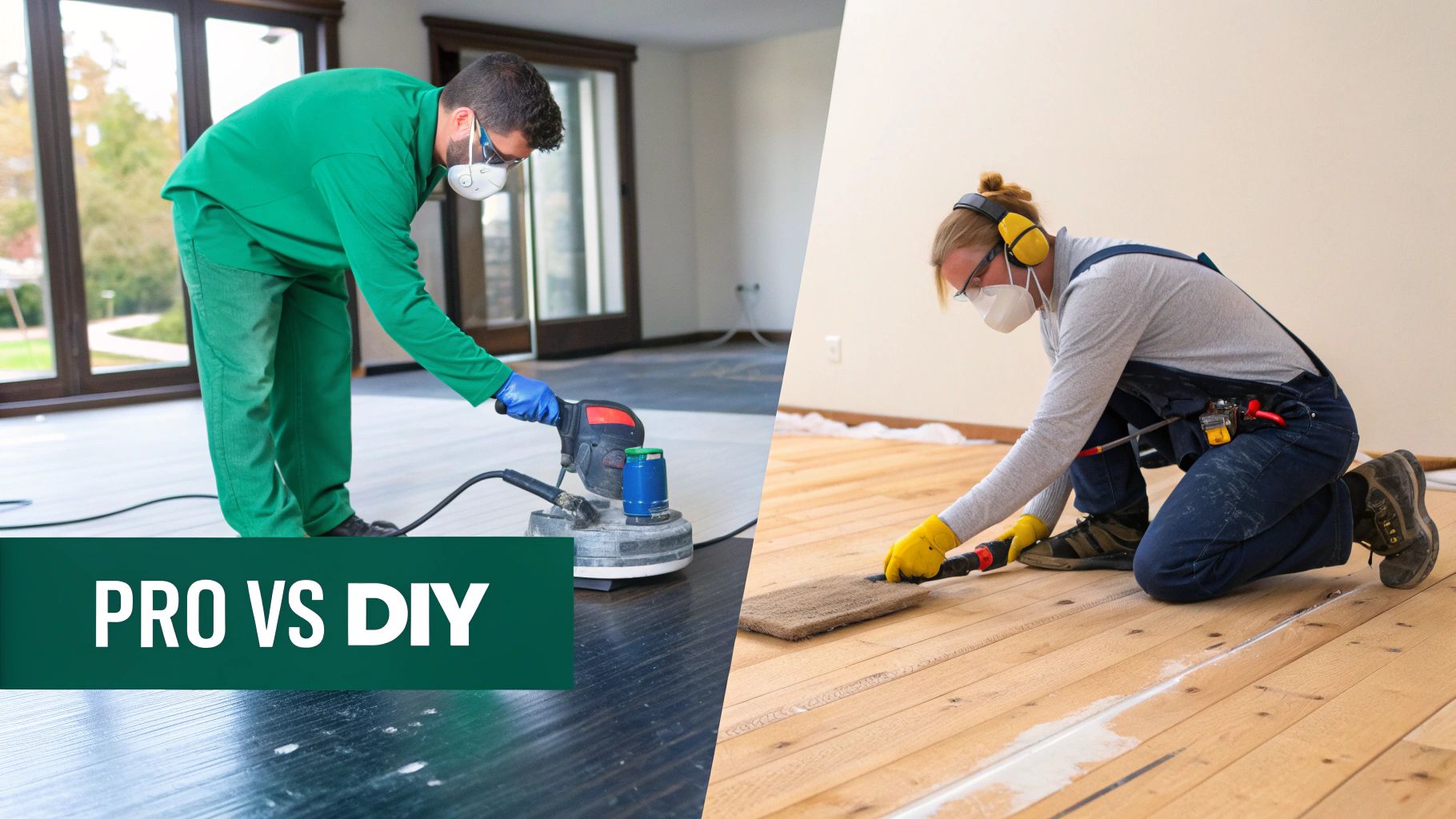 Two people, a professional and a DIYer, working on separate hardwood floor renovation projects.