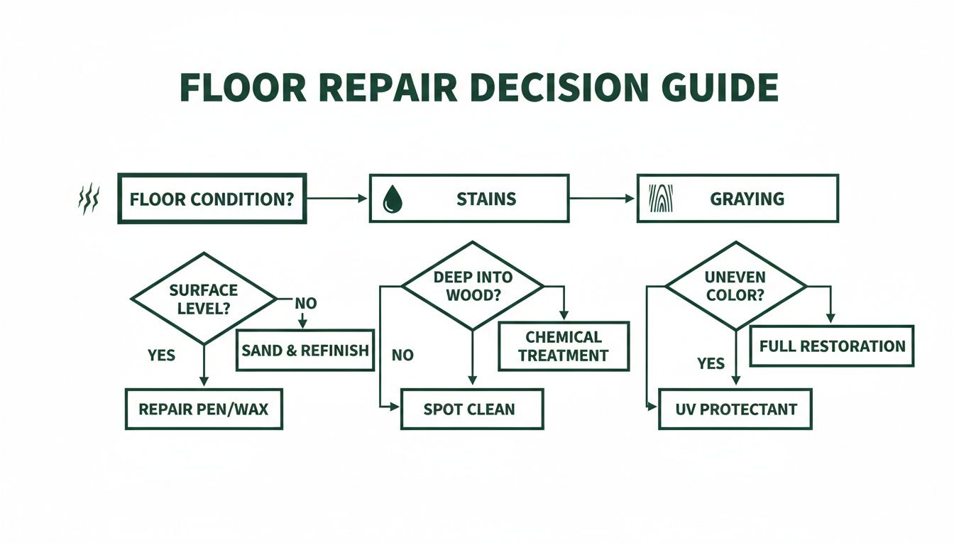 A flowchart diagramming a floor repair decision guide for issues like condition, stains, and graying.