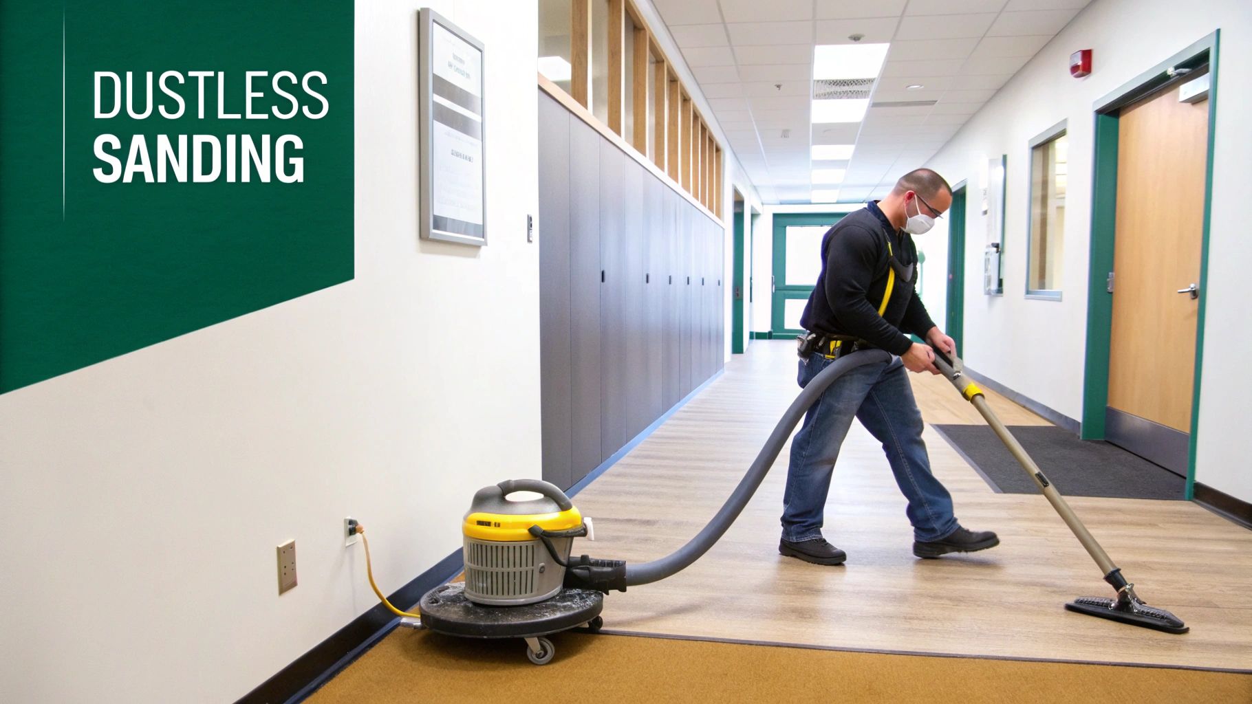 A man in a mask uses a dustless sanding machine on a light wood floor in a hallway.