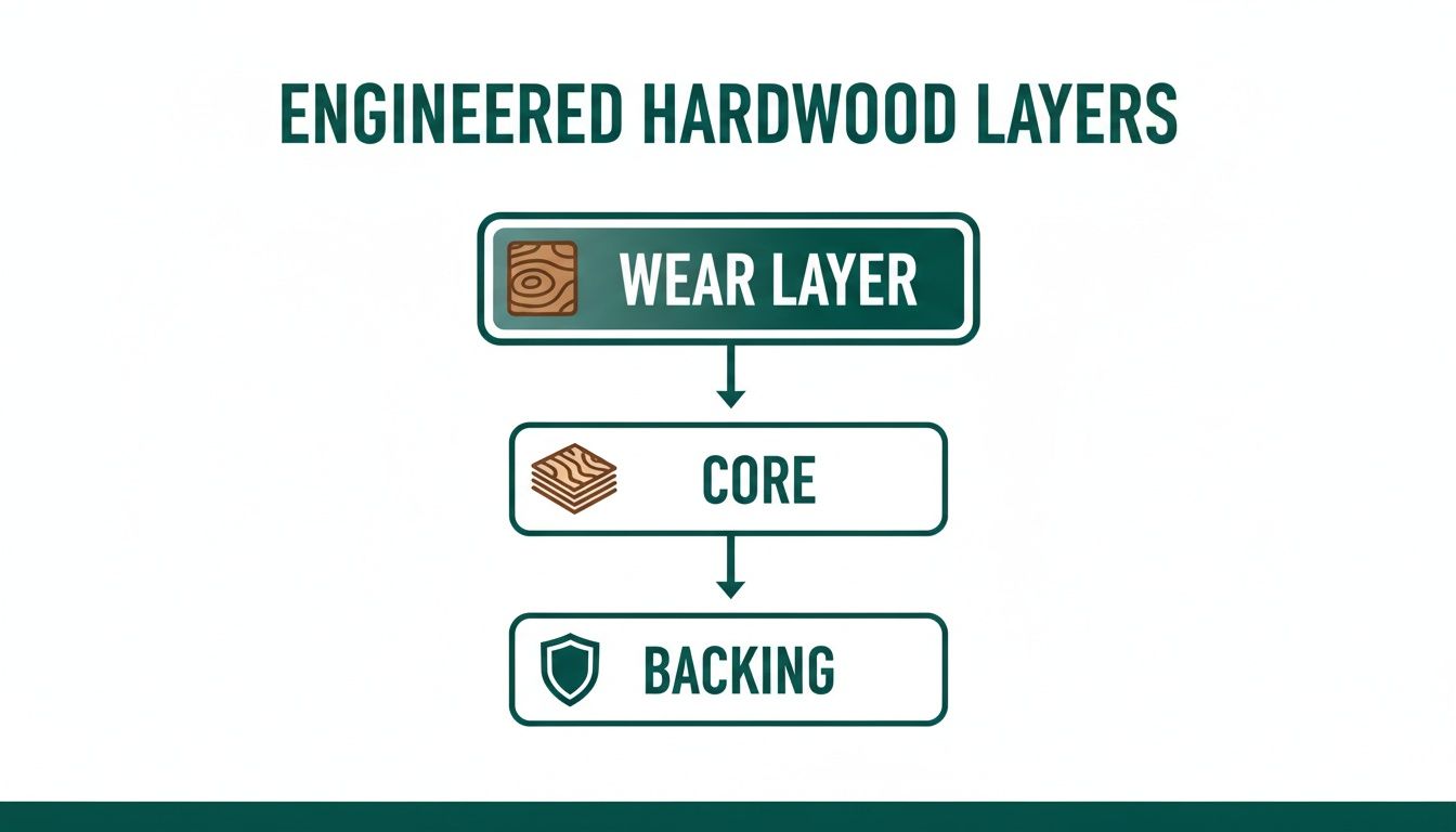 Diagram illustrating the three distinct layers of engineered hardwood flooring: wear layer, core, and backing.