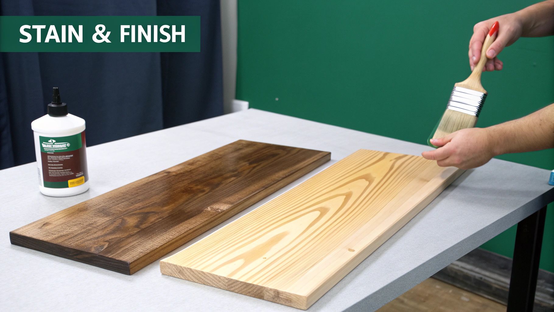 A person prepares to stain a natural wooden board next to a finished dark one, with a stain bottle.
