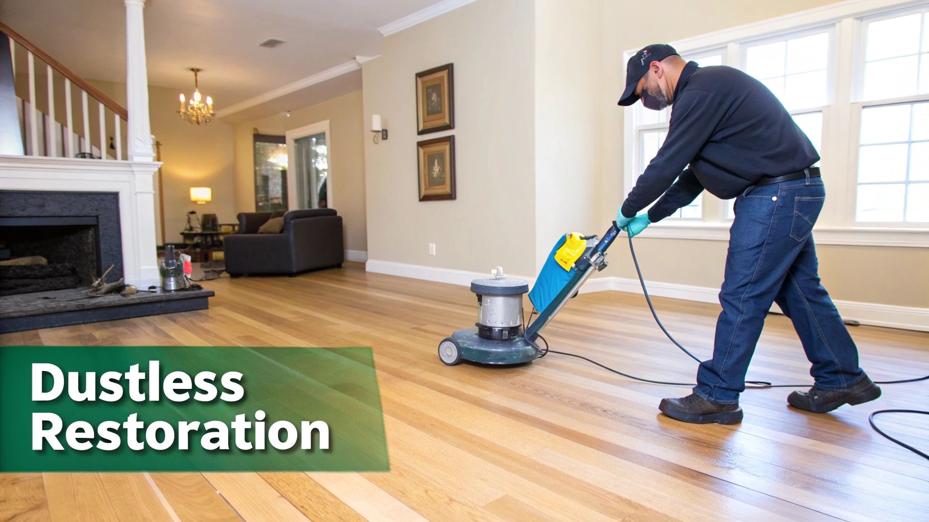 A man in a mask operates a dustless floor sander to restore a hardwood floor in a home.