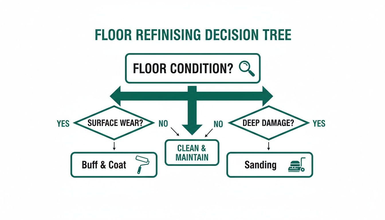 Decision tree for floor refinishing, guiding actions like buffing, sanding, or cleaning based on damage.