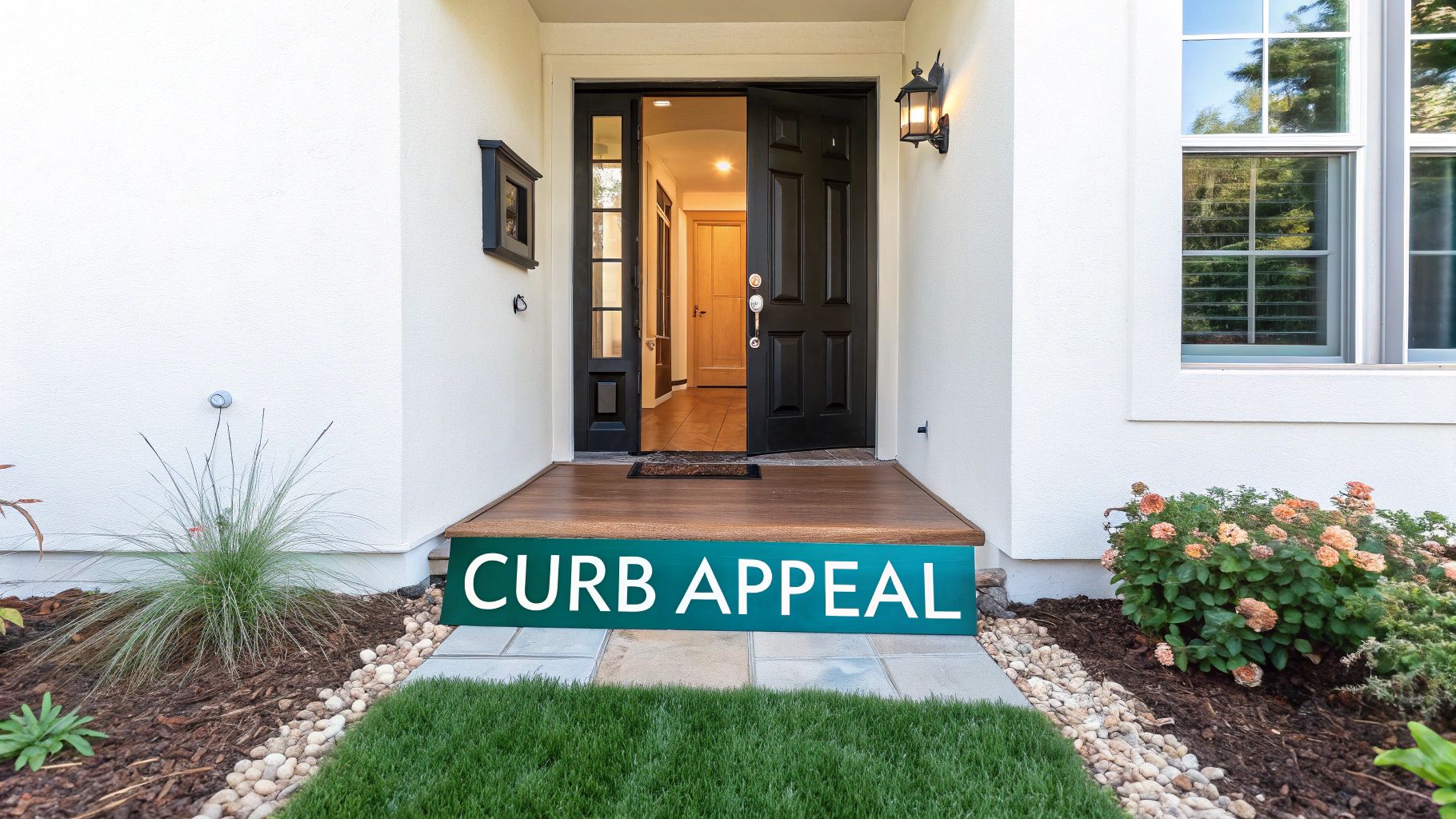 A modern home entrance with an open black door, wooden porch, and landscaping, featuring a 'CURB APPEAL' sign.