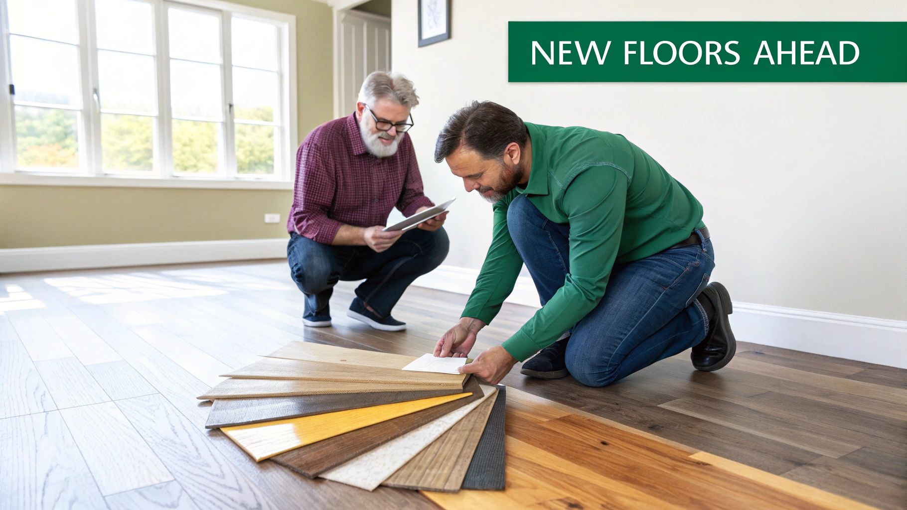 Two men select new floor samples in an empty room, one consults a tablet.
