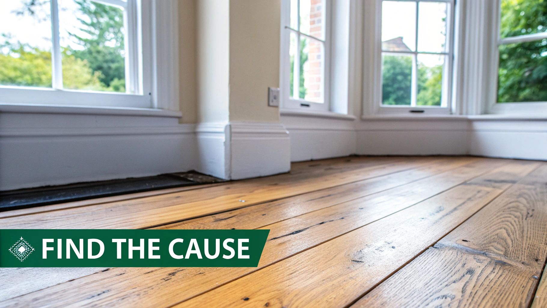 Close-up of wooden floorboards next to white skirting boards and windows, showing a gap.