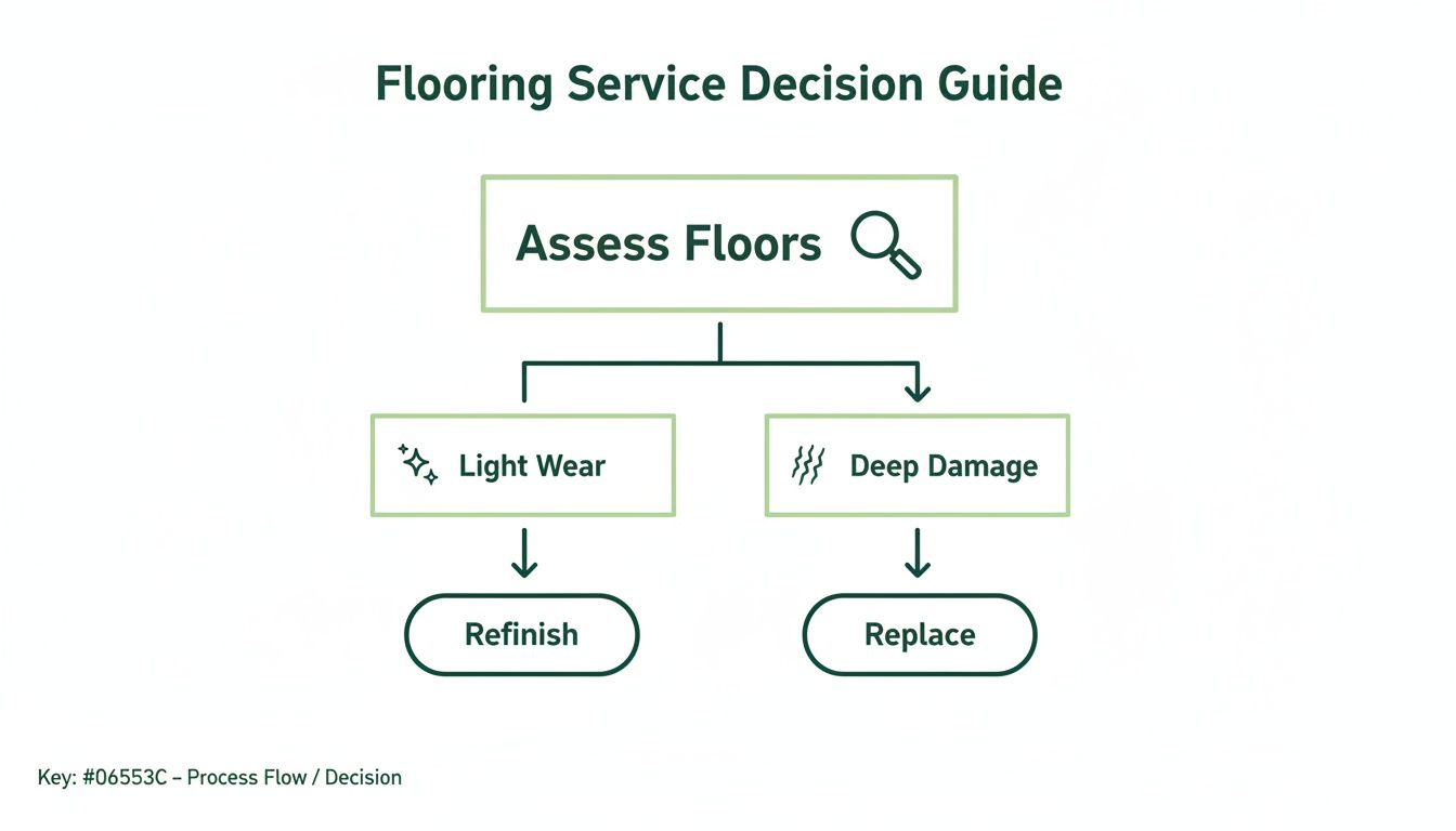Flowchart illustrating a flooring service decision guide, differentiating between refinish for light wear and replace for deep damage.